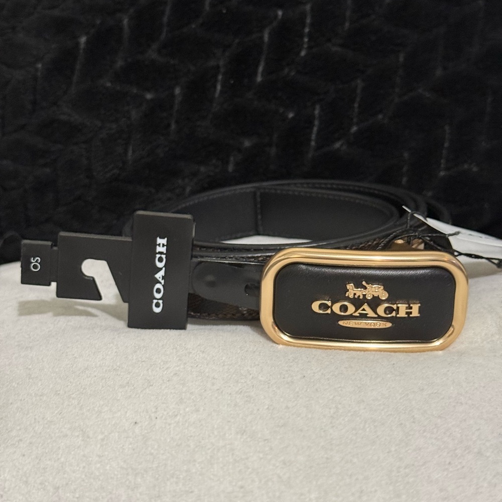 COACH Black Leather Logo Belt with Gold-Tone Rectangular Buckle